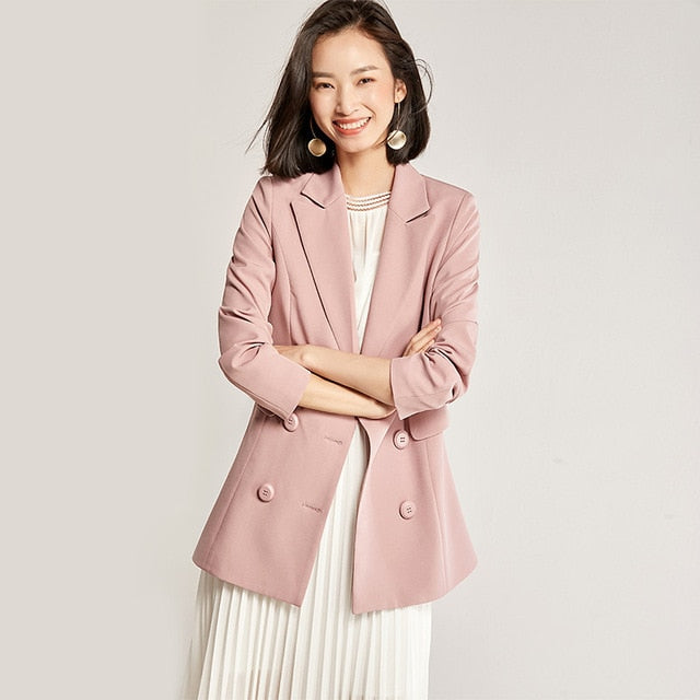 Vimly Women Solid Elegant Blazer Autumn Winter Belted Office Lady Outerwear Female Casual Women Double-Breasted Button Blazer