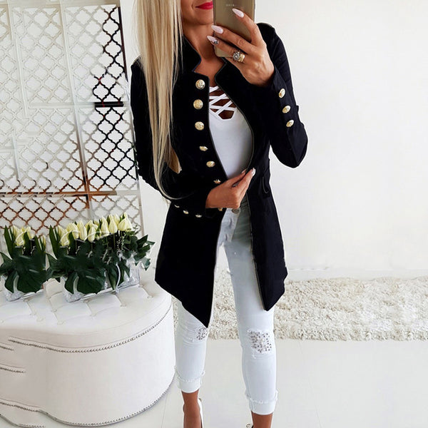 Lossky Women Jacket Blazers Slim Lady Office Wear Outwear Long Sleeve Stand Collar Formal Suit Long Black Red Autumn Thin Coat