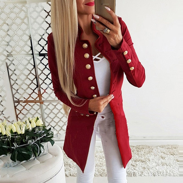 Lossky Women Jacket Blazers Slim Lady Office Wear Outwear Long Sleeve Stand Collar Formal Suit Long Black Red Autumn Thin Coat
