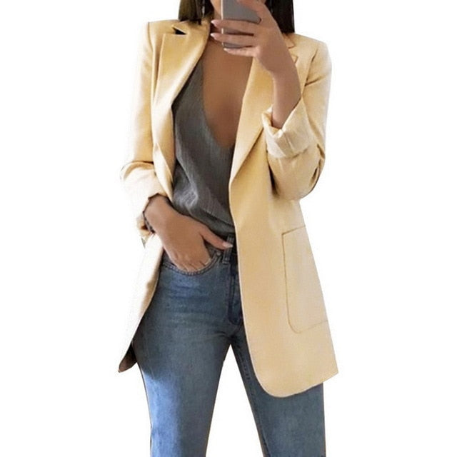 Long Sleeve Jacket Suit Open Front Jacket Casual Women Pockets Cardigan Blazer Turn-down Work Office Outwear Ladies Blazer Top