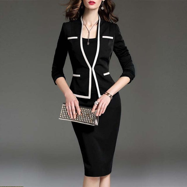 Women's Suit Bodycon Dress Jacket 2 Pieces Set Office Wear Jacket Dress 2019 Spring Autumn Female Dresses Suits Plus Size 6XL