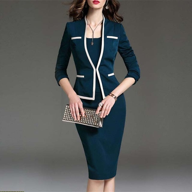Women's Suit Bodycon Dress Jacket 2 Pieces Set Office Wear Jacket Dress 2019 Spring Autumn Female Dresses Suits Plus Size 6XL