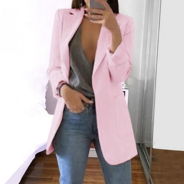 Cysincos Slim Blazer Women 2019 Fashion Autumn Casual Jacket Female Office Lady Suit Solid Turn-down Collar Blazer Coat Tops