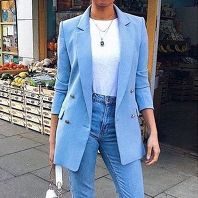 Cysincos Slim Blazer Women 2019 Fashion Autumn Casual Jacket Female Office Lady Suit Solid Turn-down Collar Blazer Coat Tops