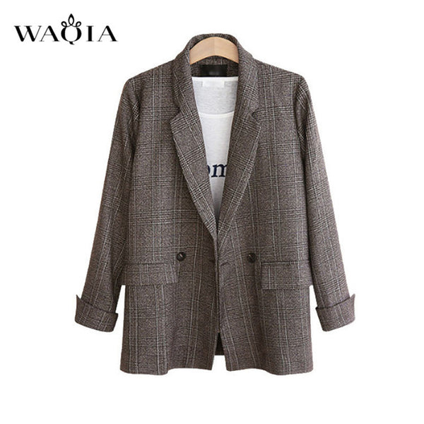 WAQIA Plus Size 5XL Women Plaid Blazer Autumn Winter 2018 Long Sleeve Double Breasted Coat Jacket Office Lady Casual Outerwear