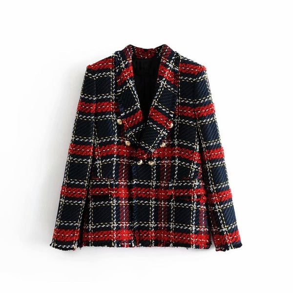 Vintage Double Breasted Frayed Checked Tweed Blazers Coat Women 2019 Fashion Pockets Plaid Ladies Outerwear Casual Casaco Femme