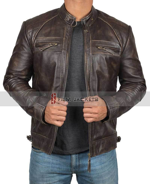 Claude Distressed Quilted Brown Leather Biker Jacket