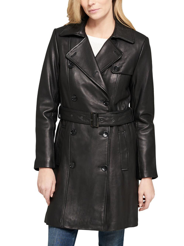 Women's Double-Breasted Belted Leather Trench Coat