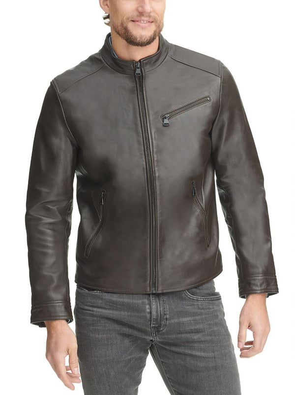 Leather Jacket w/ Chest Zipper Brown