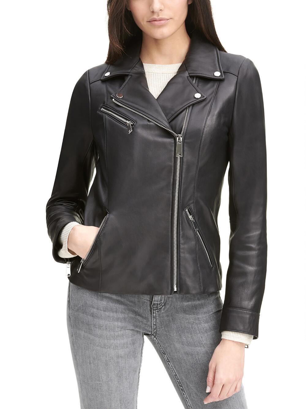 Women's Asymmetrical Zip Leather Jacket w/ Metallic Details Black - Ace X  Store, image size:999x1333