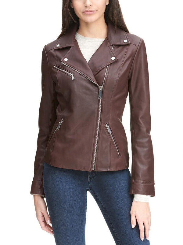 Asymmetrical Zip Leather Jacket w/ Metallic Details Burgundy
