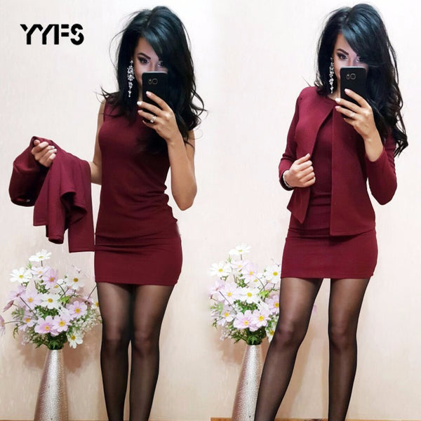 YYFS formal Suits Womens Sexy Sheath O-Neck Mini Dress Casual Coat Two Pieces 2019 New Fashion garnitur damski Sets blazer