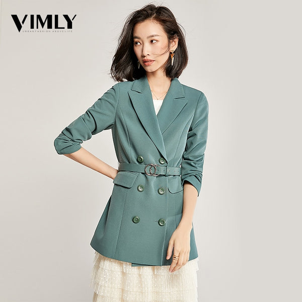 Vimly Women Solid Elegant Blazer Autumn Winter Belted Office Lady Outerwear Female Casual Women Double-Breasted Button Blazer