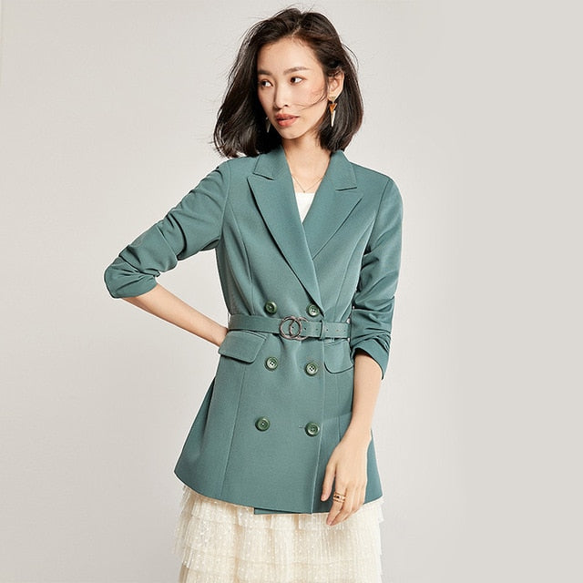 Vimly Women Solid Elegant Blazer Autumn Winter Belted Office Lady Outerwear Female Casual Women Double-Breasted Button Blazer