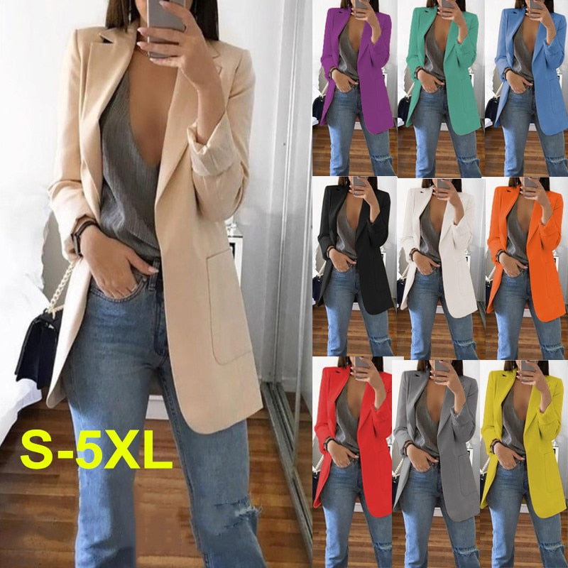 Fashion Slim Blazers Women Autumn New Suit Jacket Female Work Office Lady Suit Pocket Business Notched Blazer Coat Plus Size 5XL