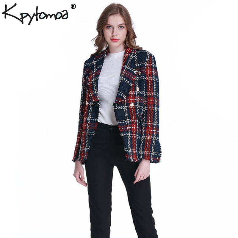 Vintage Double Breasted Frayed Checked Tweed Blazers Coat Women 2019 Fashion Pockets Plaid Ladies Outerwear Casual Casaco Femme