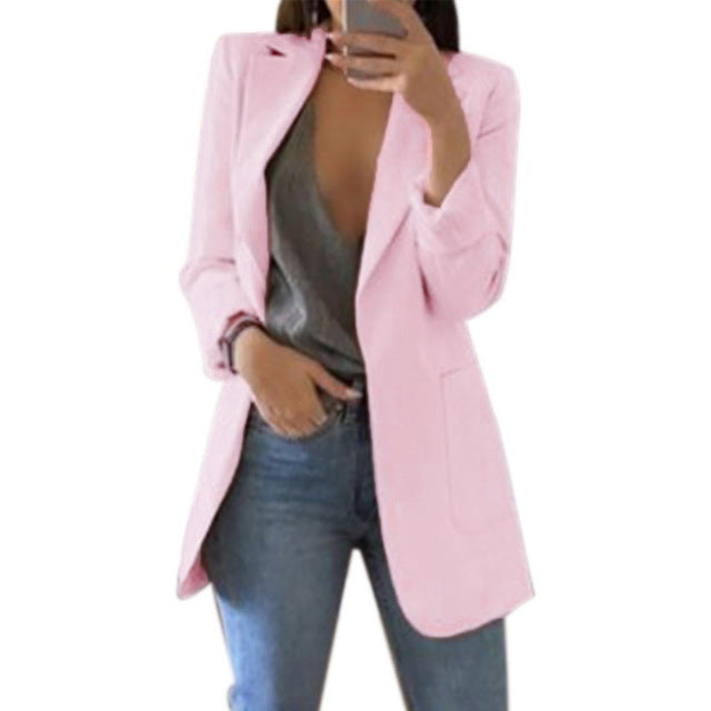 Long Sleeve Jacket Suit Open Front Jacket Casual Women Pockets Cardigan Blazer Turn-down Work Office Outwear Ladies Blazer Top