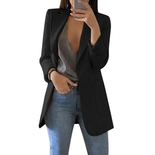 Long Sleeve Jacket Suit Open Front Jacket Casual Women Pockets Cardigan Blazer Turn-down Work Office Outwear Ladies Blazer Top