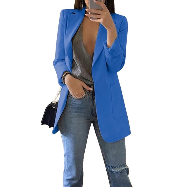 Long Sleeve Jacket Suit Open Front Jacket Casual Women Pockets Cardigan Blazer Turn-down Work Office Outwear Ladies Blazer Top