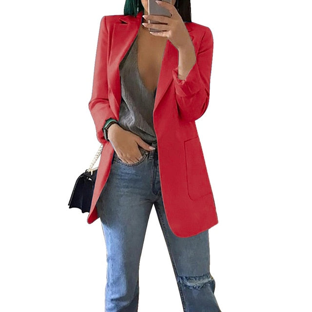 Long Sleeve Jacket Suit Open Front Jacket Casual Women Pockets Cardigan Blazer Turn-down Work Office Outwear Ladies Blazer Top