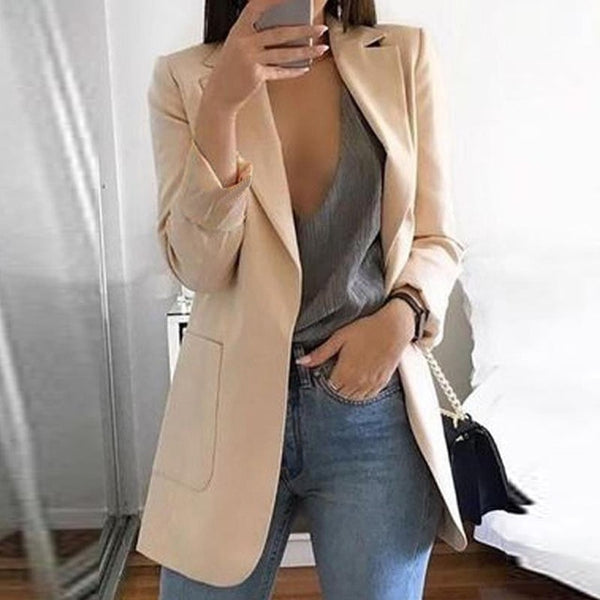 Cysincos Slim Blazer Women 2019 Fashion Autumn Casual Jacket Female Office Lady Suit Solid Turn-down Collar Blazer Coat Tops