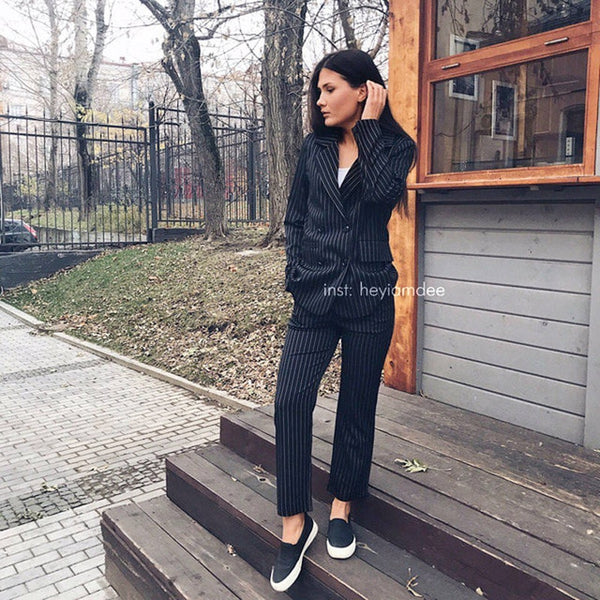 Work Pant Suits OL 2 Piece Sets Double Breasted Striped Blazer Jacket & Zipper Trousers Suit For Women Set Feminino Spring