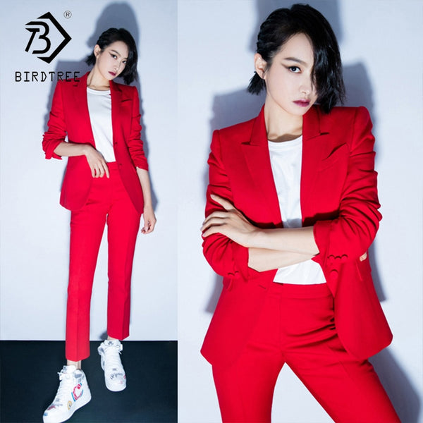 Women's Office Lady Two Pieces Sets Solid Red Elegant Single Breasted Turn-down Collar Blazers And Full Length Trousers S88705Y