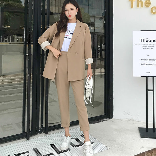 BGTEEVER  Casual Solid Women Pant Suits Notched Collar Blazer Jacket & Pencil Pant Khaki Female Suit Autumn 2019 high quality