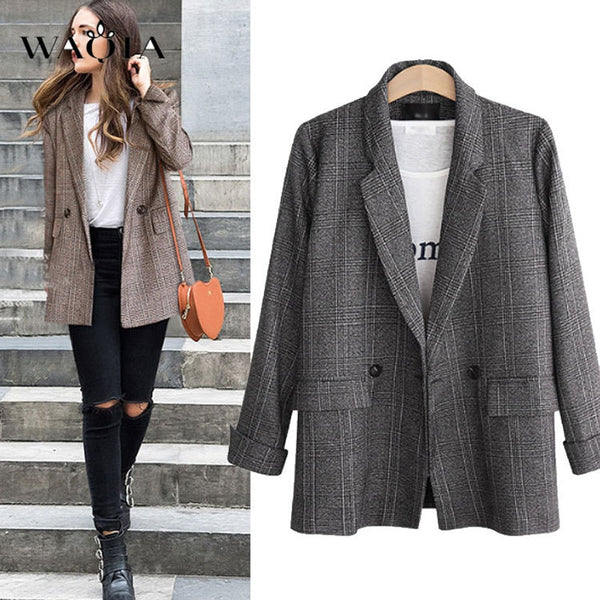 WAQIA Plus Size 5XL Women Plaid Blazer Autumn Winter 2018 Long Sleeve Double Breasted Coat Jacket Office Lady Casual Outerwear