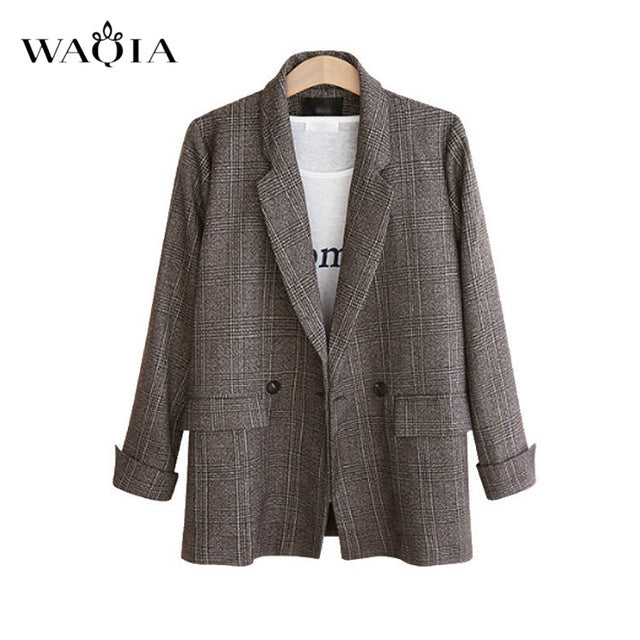 WAQIA Plus Size 5XL Women Plaid Blazer Autumn Winter 2018 Long Sleeve Double Breasted Coat Jacket Office Lady Casual Outerwear