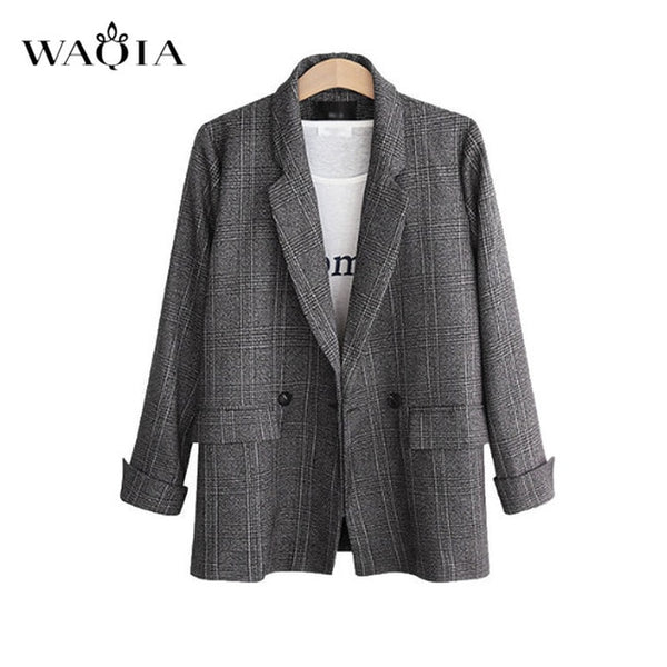 WAQIA Plus Size 5XL Women Plaid Blazer Autumn Winter 2018 Long Sleeve Double Breasted Coat Jacket Office Lady Casual Outerwear