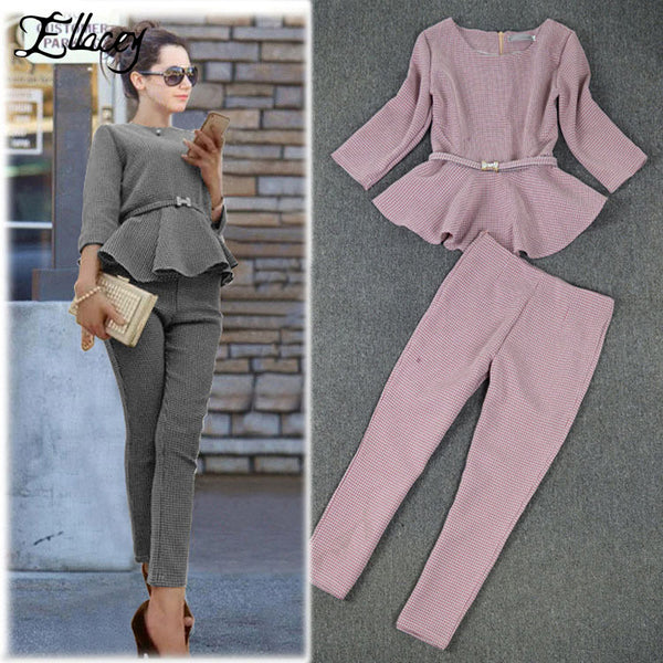 New 2019 Spring Autumn Fashion Women's Business Pants Suits Houndstooth Checker Pattern Ruffles Suits For Women 2 Pieces Set