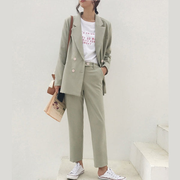 Vintage Double Breasted Women Pant Suit Light Green Notched Blazer Jacket & High Waist Pant 2019 Spring Office Wear Women Suits