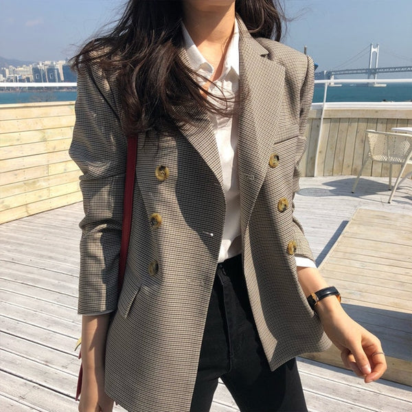 BGTEEVER Classic Plaid Double Breasted Women Jacket Blazer Notched Collar Female Suits Coat Fashion Houndstooth 2019 Autumn