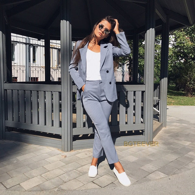 Work Pant Suits OL 2 Piece Sets Double Breasted Striped